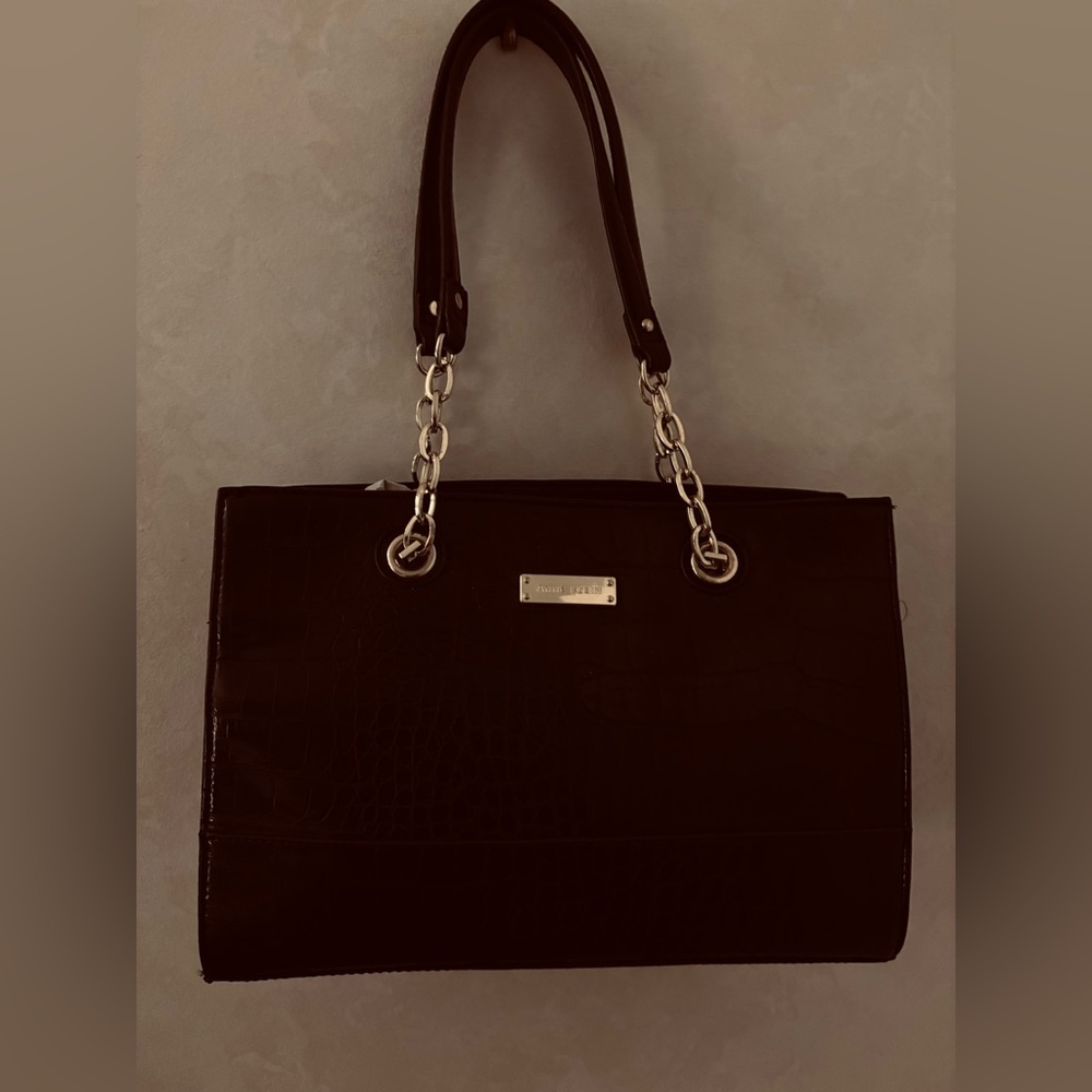 Anne Klein "Coast Is Clear" Black Faux Croc Leather Shoulder Bag/Tote Gold Chain